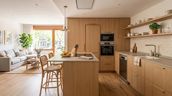 Cocina abierta al salón en un piso reformado