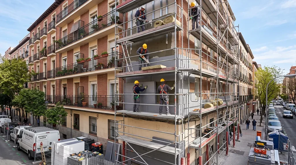 Obras de rehabilitación energética en la fachada de un edificio de Madrid