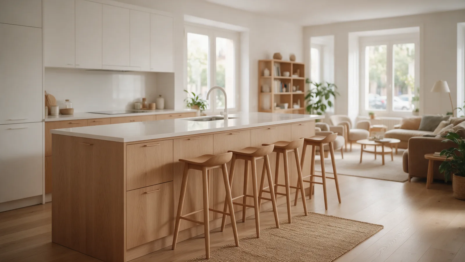 Cocina abierta al salón con isla en un piso reformado de Madrid