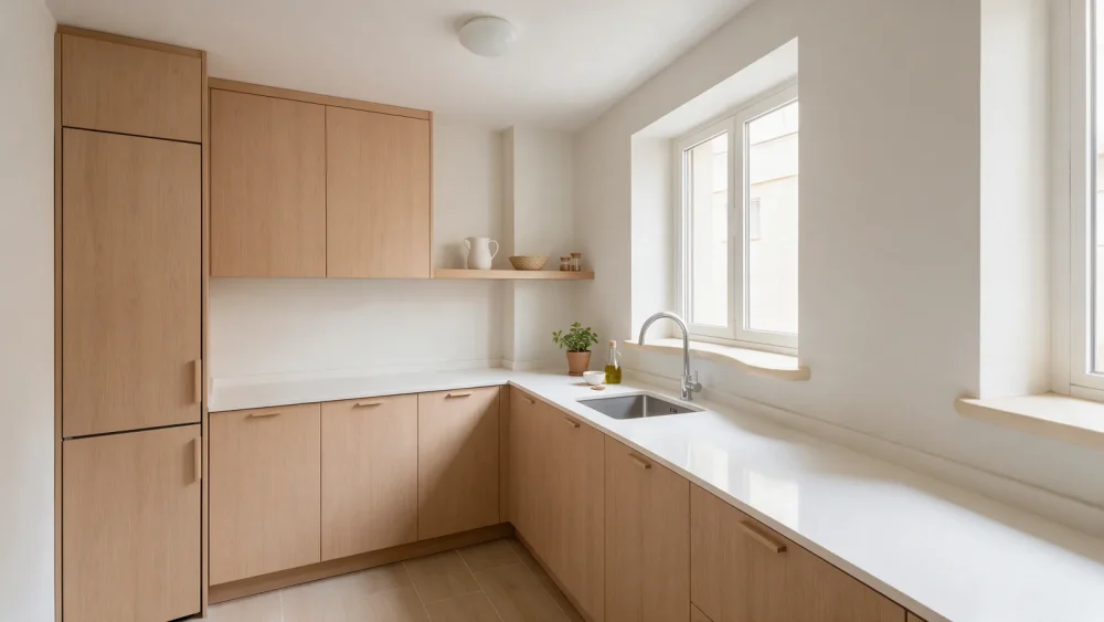 Cocina reformada con muebles de madera a medida en un piso de Madrid