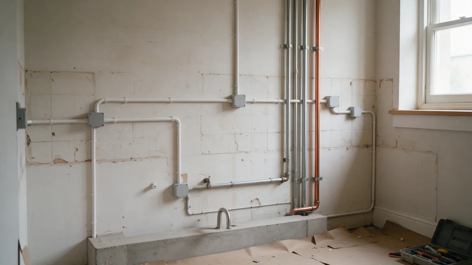 Cocina en obras con fontanería y electricidad nuevas antes de alicatar